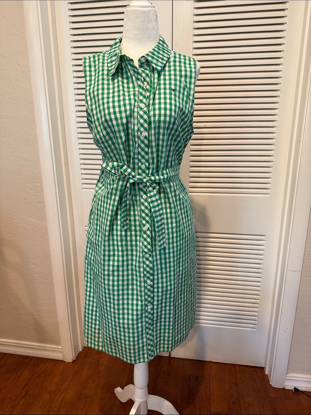 Tommy Hilfiger Green and White Gingham Sleeveless Shirt Dress